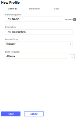 All profile General properties are filled with test descriptions.